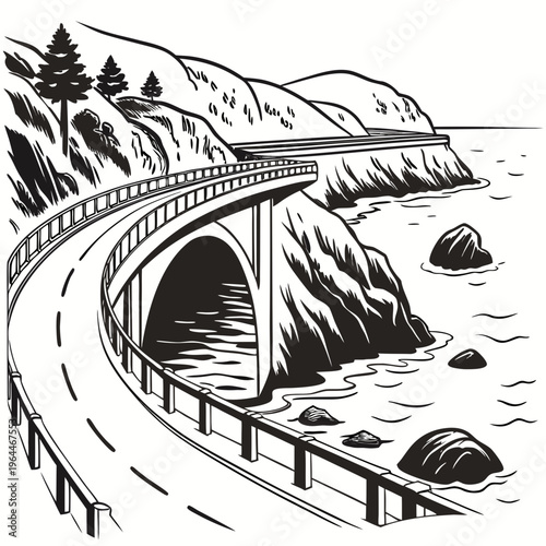 Black and white of a bridge with a tunnel road water