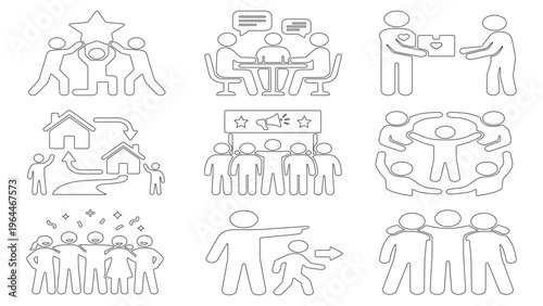 Community and social unity line icon set. People supporting each other, volunteering, neighborhood cooperation, group meeting, and teamwork concept
