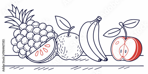 Colorful line art illustration of assorted fresh fruits including grapes, orange, apple, banana, and red apple on a simple background, perfect for healthy eating and nutrition concepts.