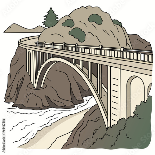 Bridge on a rocky coastline arch guardrail trees