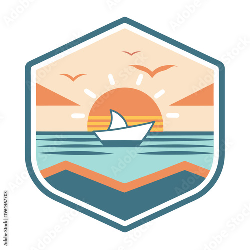 Sailboat at Sunset with Flying Seagulls - Minimalist Ocean Badge Design for Travel and Adventure