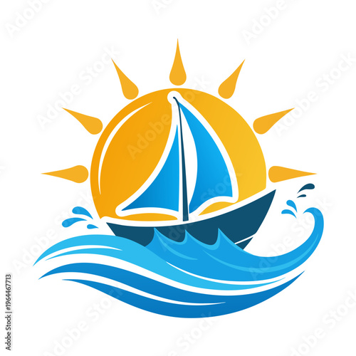 Vibrant sailboat on ocean waves under radiant sunset with golden sun rays and flying seagulls