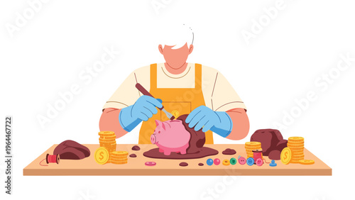 Breaking the Bank: A skilled artisan meticulously works on a clay pig, surrounded by scattered coins and colorful items, symbolizing the process of transforming savings into various investment