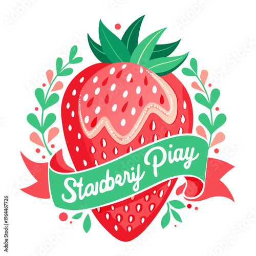 Vibrant Strawberry Play Logo with Fresh Fruit and Green Leaves Illustration for Summer Branding