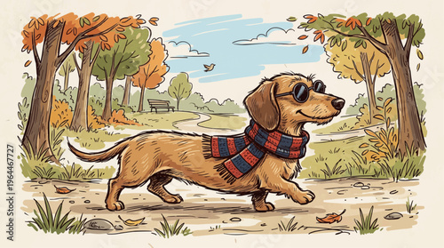 Cool Dachshund Stroll: An illustrated dachshund, sporting sunglasses and a stylish scarf, strolls confidently through a colorful autumn park setting. A perfect blend of charm and autumnal vibes.