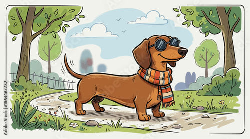 Dachshund's Day Out: A cheerful dachshund dons sunglasses and a scarf as it leisurely strolls along a winding path in a sunny park, radiating pure happiness.
