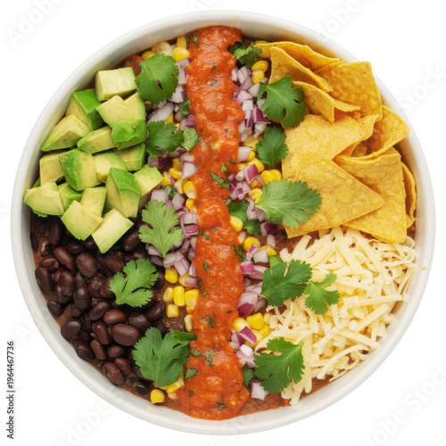 Colorful burrito bowl with avocado beans corn and salsa on transparent background