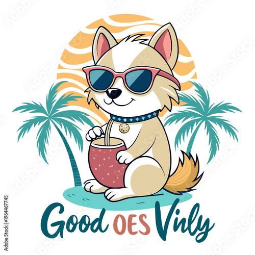 Cute cartoon dog in sunglasses sipping tropical drink on summer vacation with palm trees and sunset background