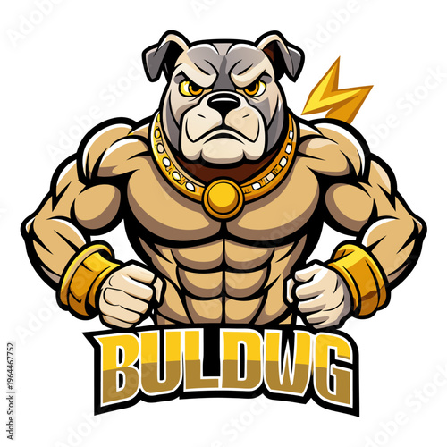 Cartoon bulldog mascot with angry expression and lightning bolt for sports or brand logo design