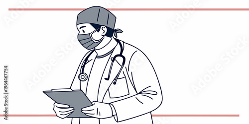 A doctor in medical attire and face mask reviews patient information on a clipboard, symbolizing healthcare and medical professionalism in a clinical setting.