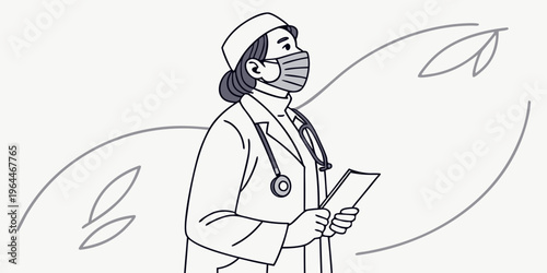 Female doctor in face mask and medical uniform holding clipboard, line art illustration for healthcare and medical concepts.