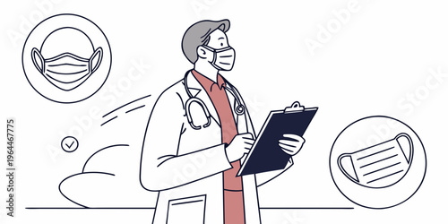 A doctor in a face mask holding a clipboard with two surgical mask illustrations, representing healthcare and medical concepts during the pandemic.