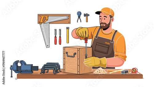 Craftsman at Work: An industrious craftsman meticulously works on a wooden creation, surrounded by his tools of the trade, demonstrating skill and dedication in his workshop.