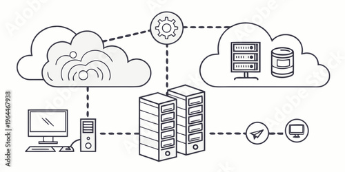 Cloud computing technology concept with server, database, and network connection, illustrating data storage and management in a modern tech environment.