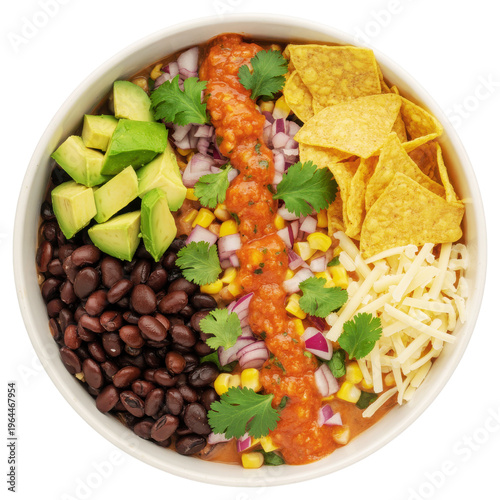 Colorful burrito bowl with beans avocado salsa and cheese on transparent background