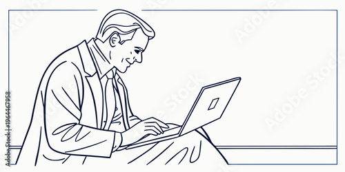 A businessman working on a laptop in a minimalist line art style, focused on his screen with a look of concentration and professionalism in a simple setting.