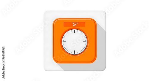 A modern orange and white thermostat with a digital display and dial on a plain background