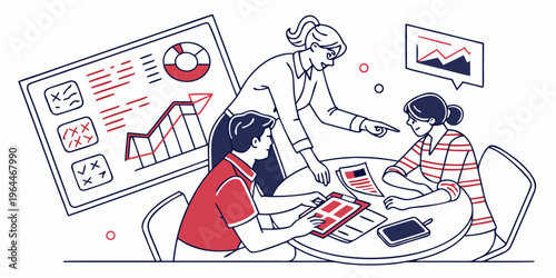 Business strategy planning line art illustration of team collaborating on project with charts and graphs