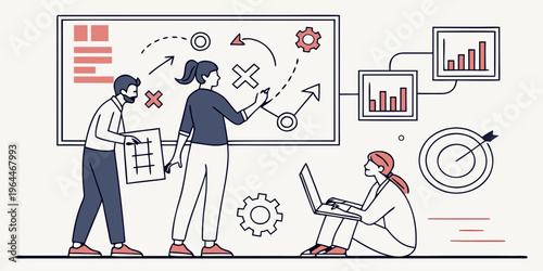 Business strategy planning line art illustration with team collaboration and brainstorming