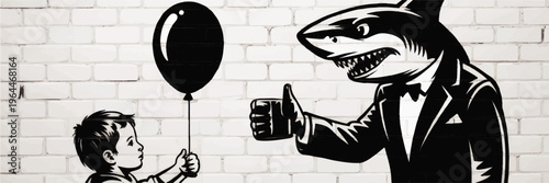 Street art illustration of boy with balloon facing business shark in suit giving thumbs up on urban brick wall graffiti mural