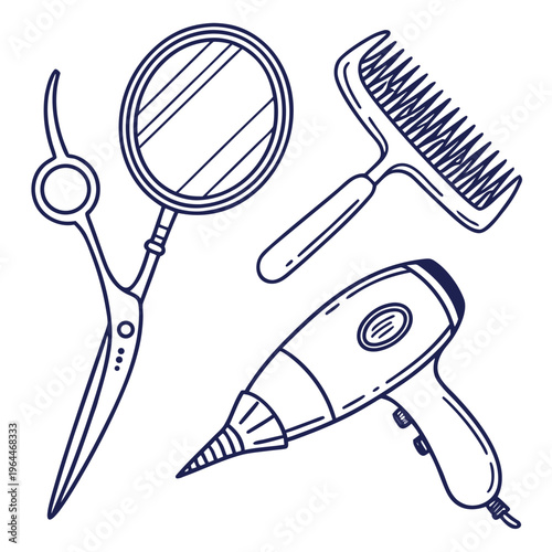Hair salon tools: scissors, mirror, hair dryer, comb illustration, personal care