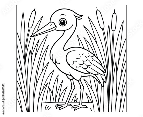 Stork bird standing in tall grass and reeds for coloring book page.