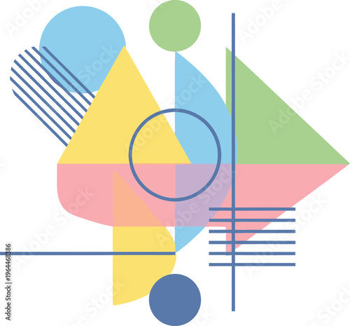 Abstract geometric composition with pastel shapes and minimalist lines