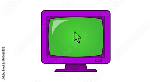 A colorful illustration of a computer monitor with a green screen and a mouse cursor.