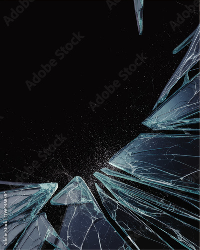 Broken glass shards explosion on black background, abstract cracked ice texture, dramatic danger concept design with copy space