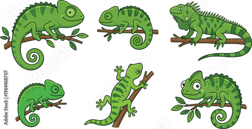 Cartoon Chameleon and Iguana Characters with Various Green Shades, Sitting on Branches with Leaves for Nature, Wildlife, and Kids’ Illustrations