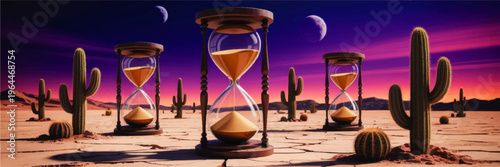 Surreal desert landscape with hourglasses and cacti at colorful twilight sky, time concept illustration, fantasy background