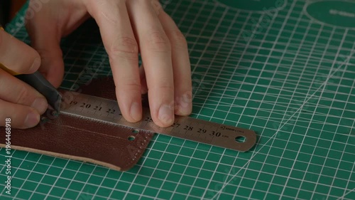 Close-up of a hand with a sharp leather cutting knife trimming or cutting a piece of natural brown leather. Fabrication technique.