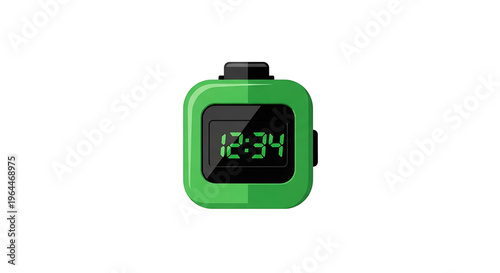 A green digital watch with a black screen and button on a white background