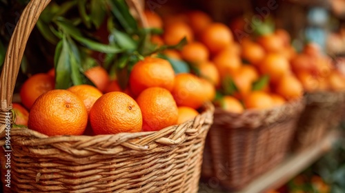 Fresh and Juicy Oranges in Handwoven Baskets at an Outdoor Market Stall