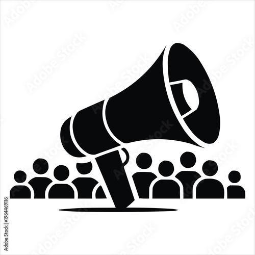 Black silhouette of a megaphone in front of a crowd, symbolizing public announcement or protest.