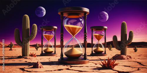 Surreal desert landscape with hourglasses and cacti under violet sunset sky and twin moons, time concept illustration background