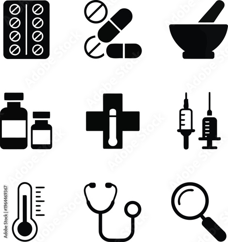 Medical icons depicting pills tools and healthcare 