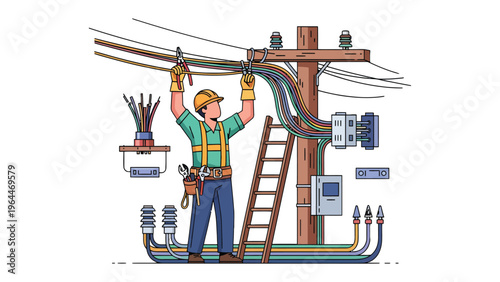Wiring the Future: A skilled electrician meticulously works on intricate electrical wires atop a wooden utility pole. showcasing dedication and expertise in power distribution.
