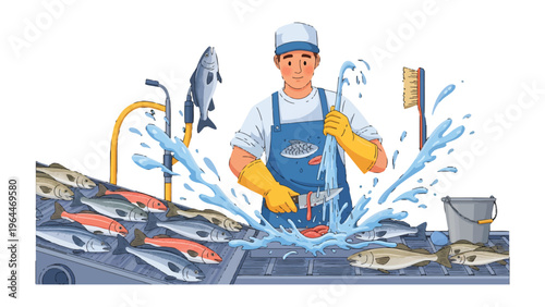 The Artisan's Catch: A skilled individual expertly processes fresh fish in a hygienic workspace, embodying precision and the pride of craftsmanship. 