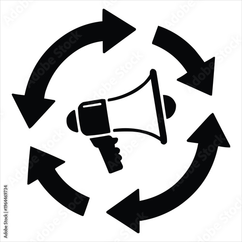 Megaphone in a circular arrow flow, symbolizing public awareness campaign cycle
