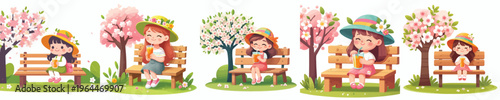 Vector of a little girl sitting on a park bench drinking iced orange juice in spring