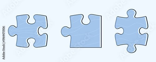 Blue puzzle pieces set with hand drawn doodles and texture details. Isolated jigsaw elements perfect for teamwork, solution, autism awareness, problem solving, education and business concepts.