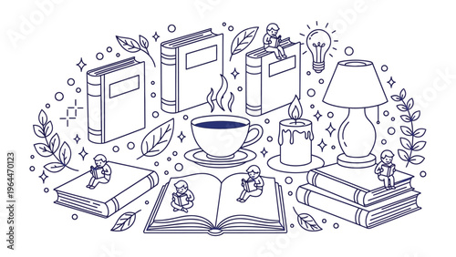 Literary Haven: An illustration depicting a cozy, intimate scene of book enthusiasts immersed in their reading world, surrounded by elements of comfort and inspiration. 