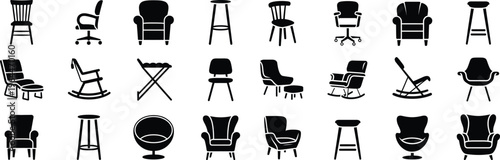 Set of minimalist furniture icons including chairs, armchairs, and stools silhouette vector illustration isolated on white background