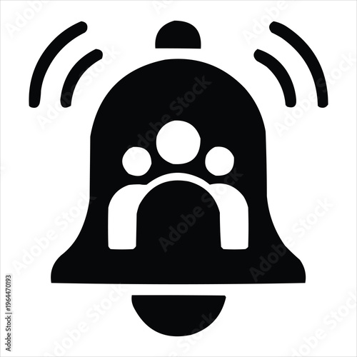 Public awareness bell icon with group of people silhouette ringing alert notification