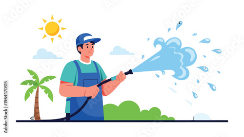 Pressure Washing: A man diligently employs a high-pressure hose to expertly wash a surface, under a bright sun, demonstrating the power of cleaning