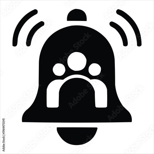 Public awareness bell icon with group of people silhouette ringing alert notification