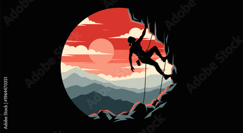 Silhouette of a rock climber ascending a steep mountain face.