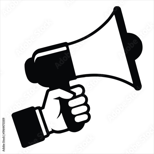 Black and white vector icon of a hand holding a megaphone, symbolizing public announcement, marketing, and communication.