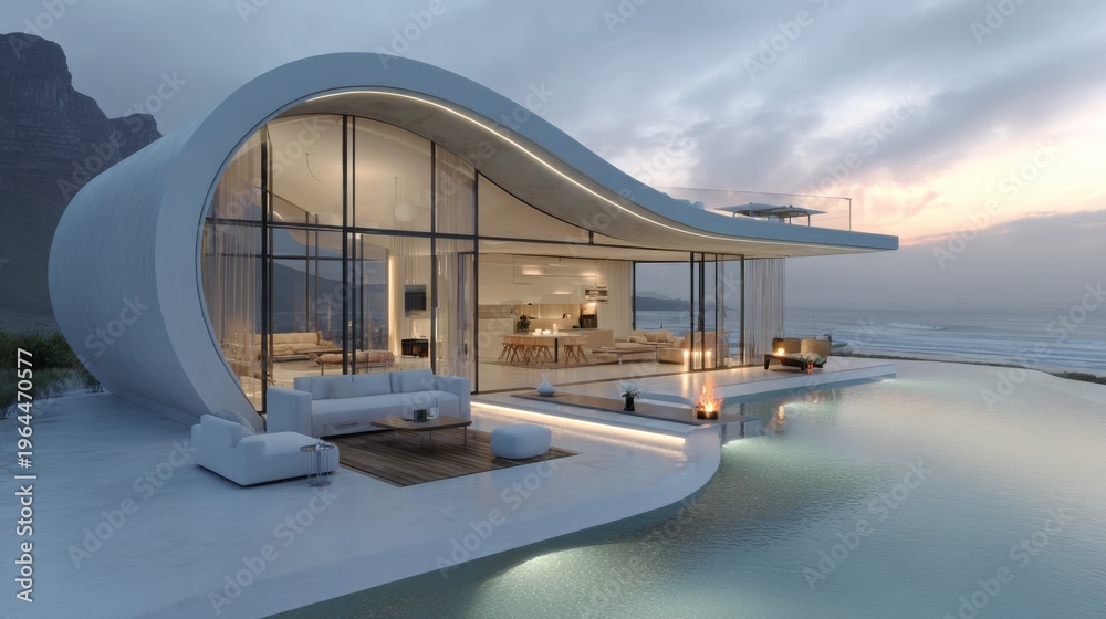 Fototapeta premium Modern Coastal Home with Unique Curved Architecture and Stunning Sea View at Twilight